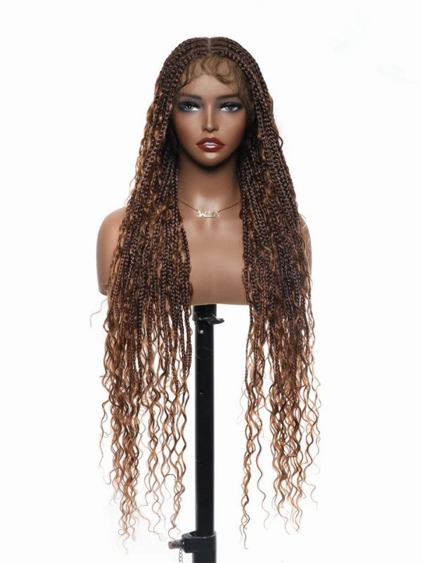 Chinalacewig Tangleless Knotless Boho Box Braided Wig Human Hair Boho Curls HD Full Lace Wig