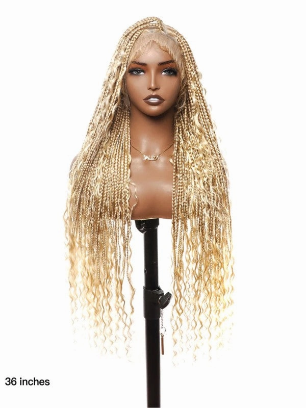 Chinalacewig Tangleless Knotless Boho Box Braided Wig Human Hair Boho Curls HD Full Lace Wig