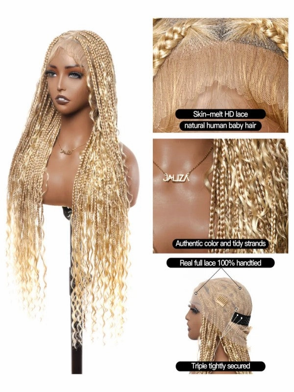 Chinalacewig Tangleless Knotless Boho Box Braided Wig Human Hair Boho Curls HD Full Lace Wig