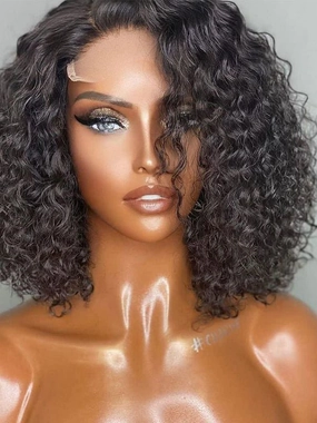 Chinalacewig Virgin Human Hair Black Color Deep Curly 55 HD Lace Wig With Pre Plucked NCF92