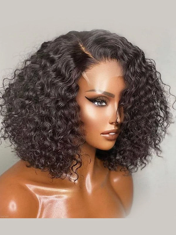 Chinalacewig Virgin Human Hair Black Color Deep Curly 55 HD Lace Wig With Pre Plucked NCF92