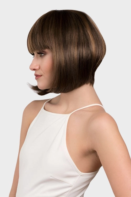 Chocolate brown inverted bob wig with blonde highlights: Keira