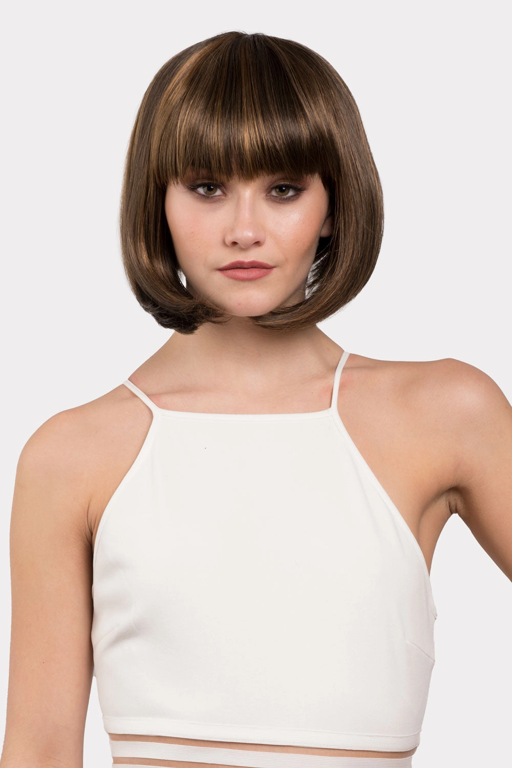 Chocolate brown inverted bob wig with blonde highlights: Keira