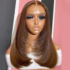 Chocolate Brown Short Bob Wig Layered Straight Human Hair Wigs 13X4 Lace Wigs For Black Women 180% Density Human Hair Lace Frontal Wigs