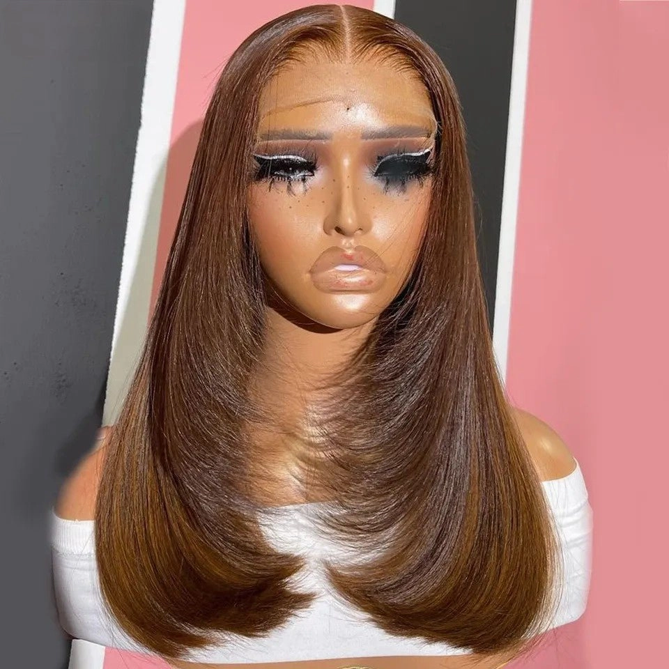 Chocolate Brown Short Bob Wig Layered Straight Human Hair Wigs 13X4 Lace Wigs For Black Women 180% Density Human Hair Lace Frontal Wigs