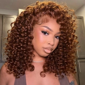 Chocolate Reddish Brown Ready To Wear Glueless Wigs Bouncy Curl 13x4 Lace Front Human Hair Wig Pre Plucked 250% Density