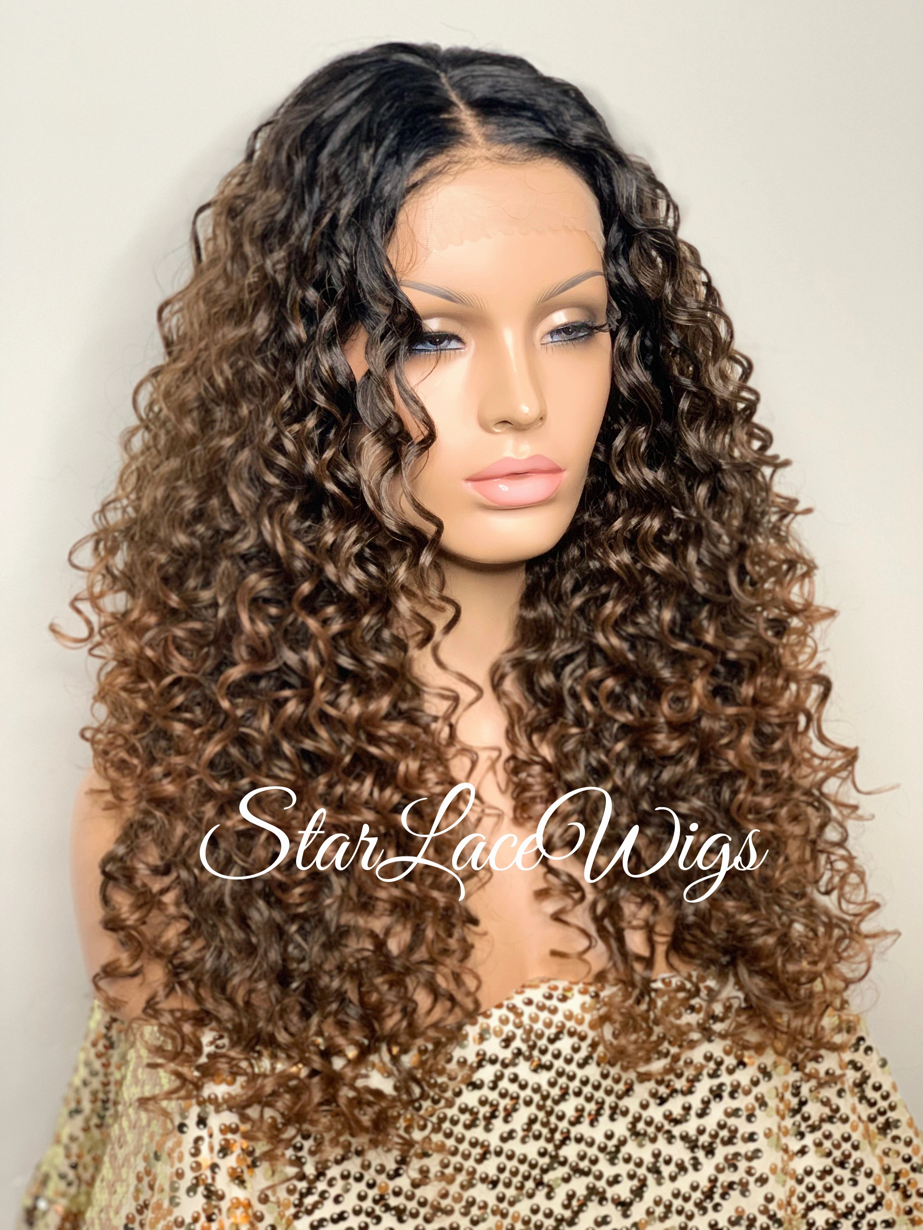 Curly Brown Lace Front Wig Long Curly Layers Middle Part - Vivian