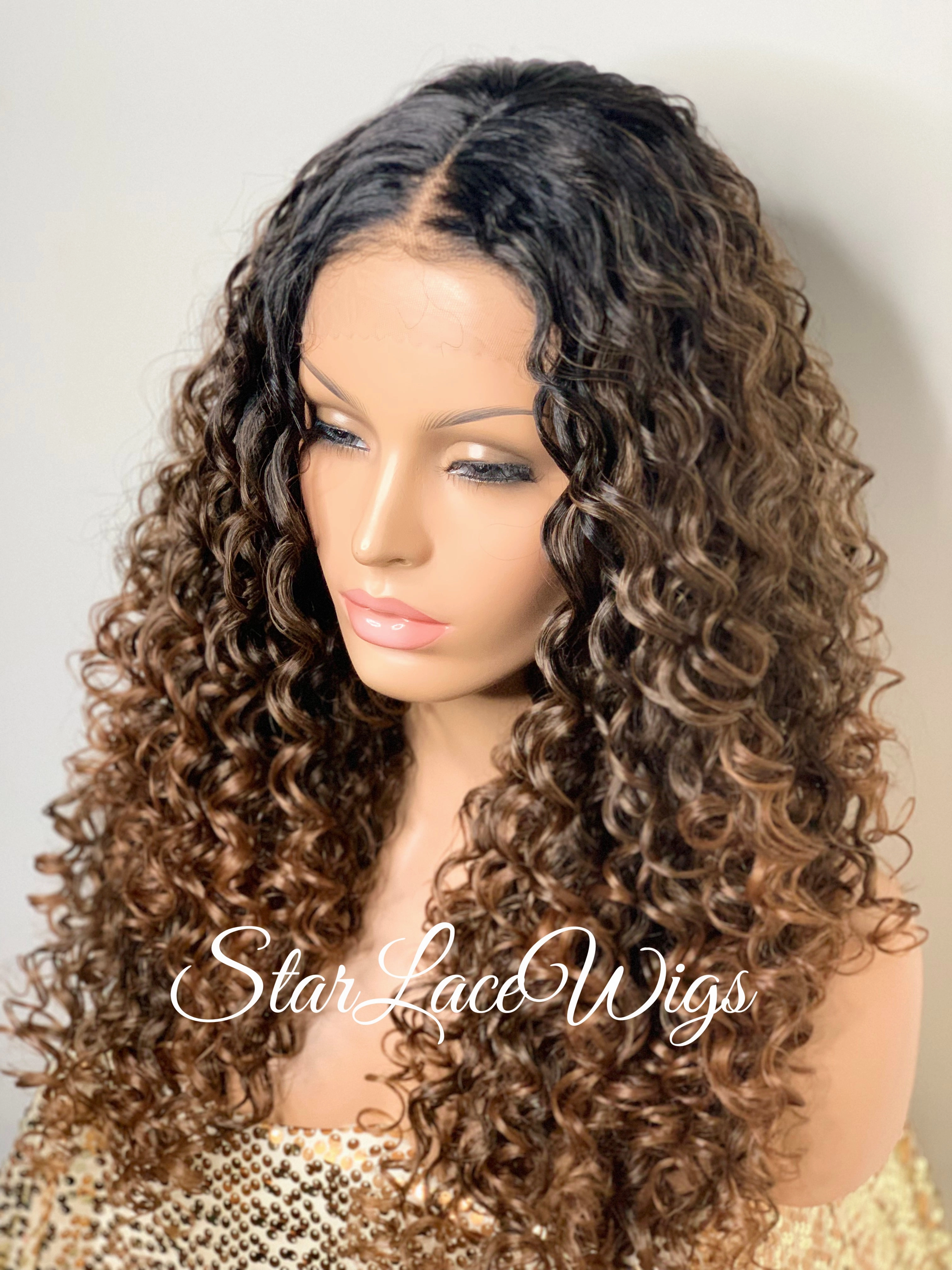 Curly Brown Lace Front Wig Long Curly Layers Middle Part - Vivian