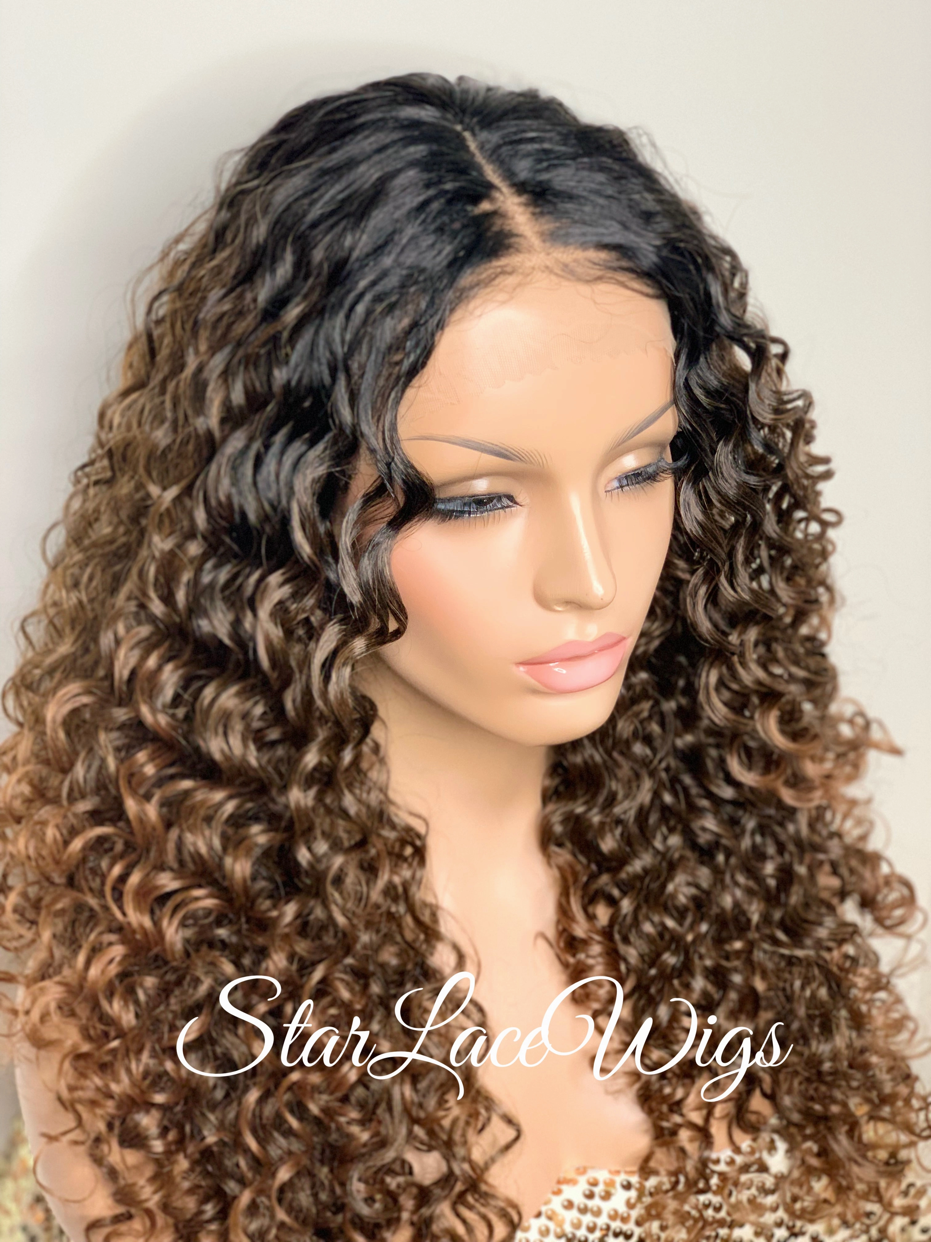 Curly Brown Lace Front Wig Long Curly Layers Middle Part - Vivian