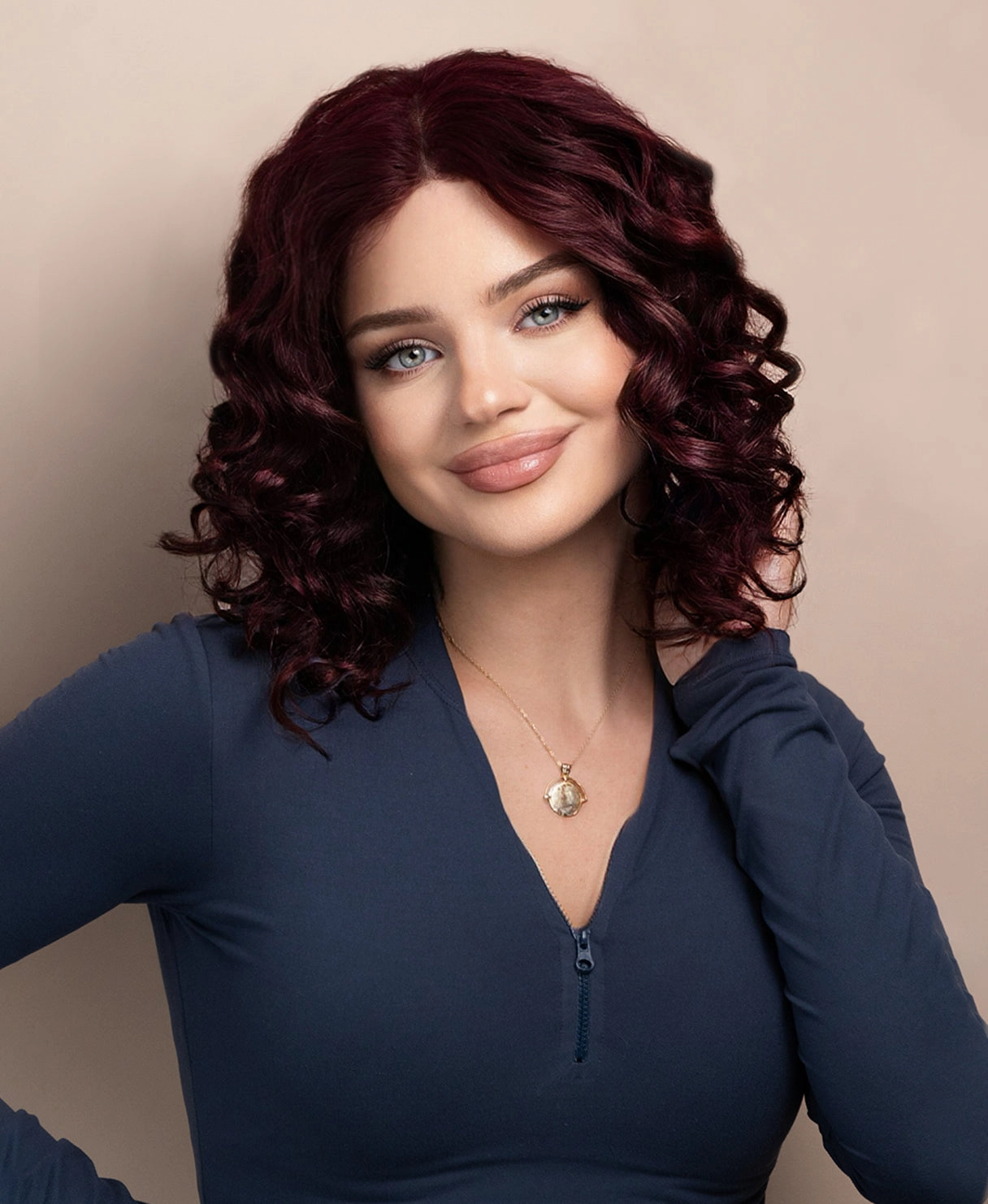 curly human wig - 12" dark red.