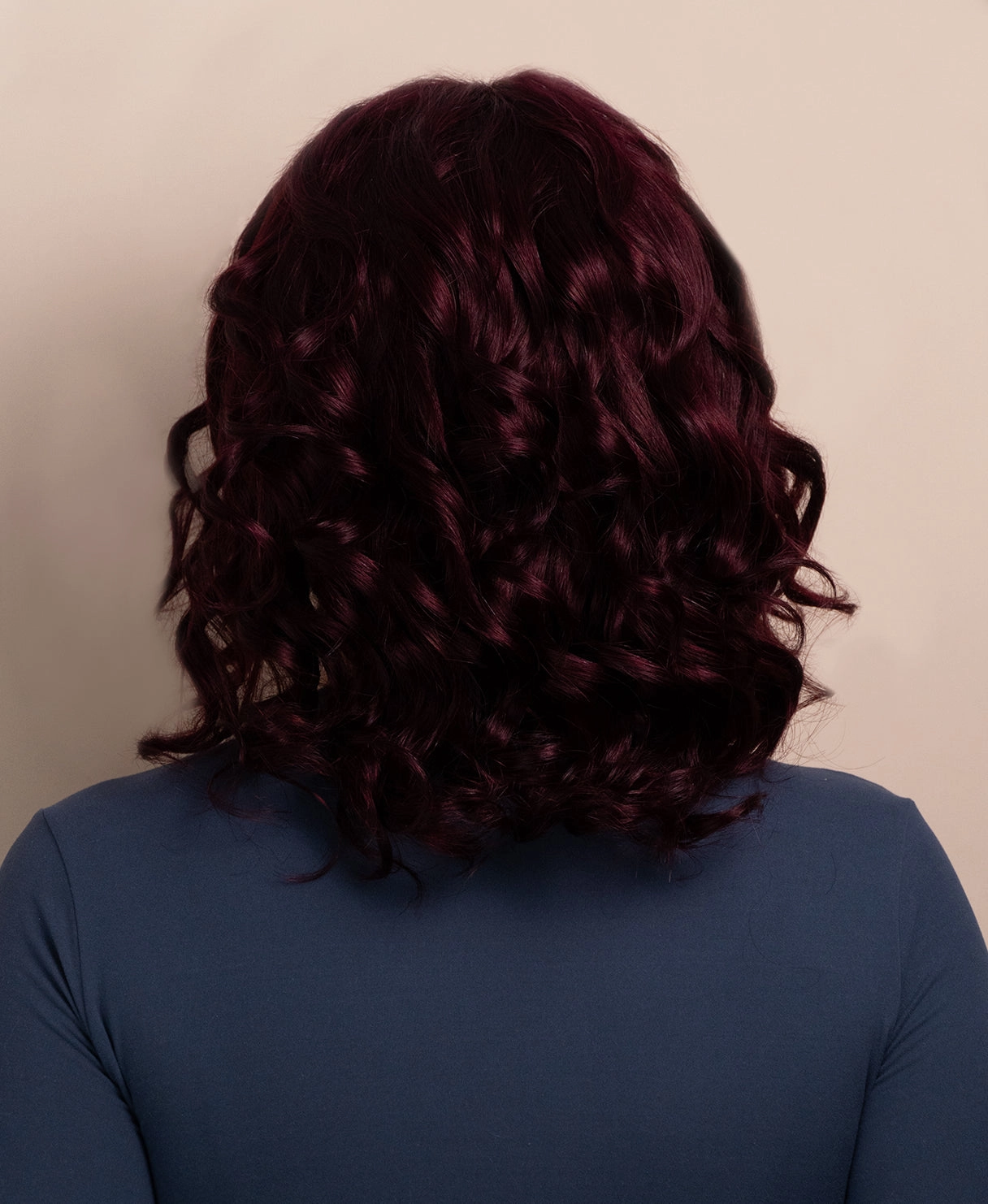 curly human wig - 12" dark red.