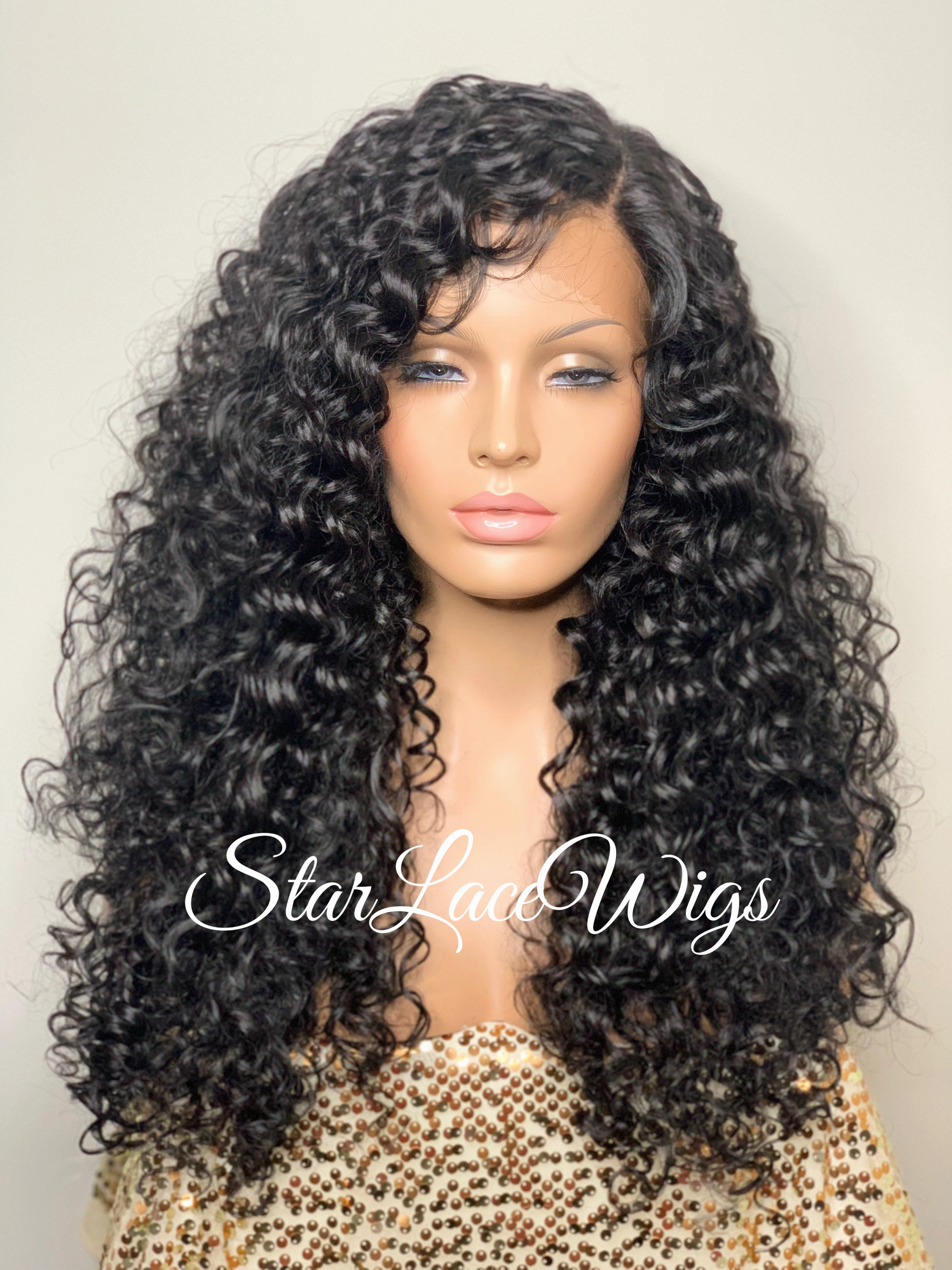 Curly Lace Front Wig Long Wavy Black Layers Middle Part - Kailey