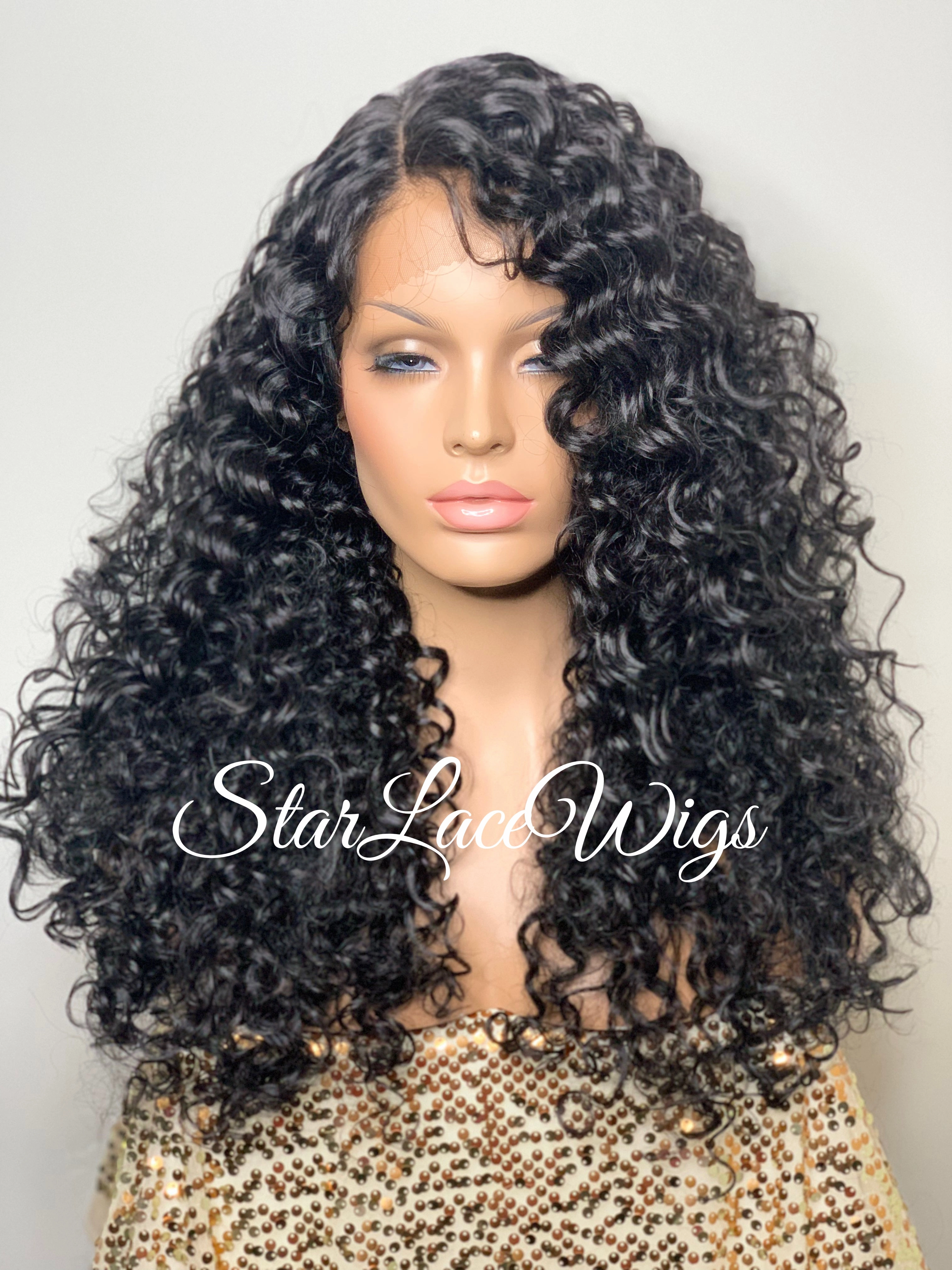 Curly Lace Front Wig Long Wavy Black Layers Middle Part - Kailey
