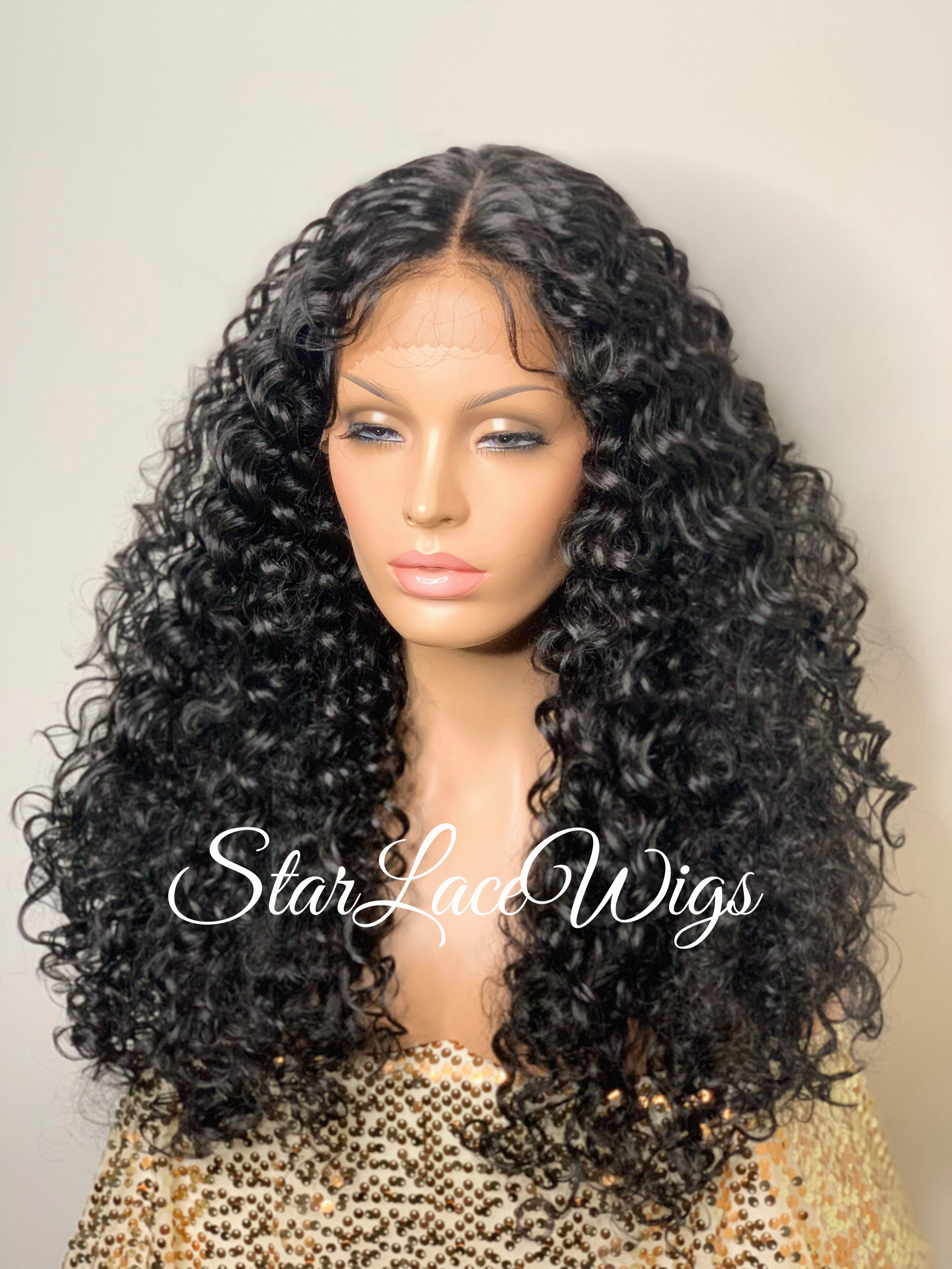 Curly Lace Front Wig Long Wavy Black Layers Middle Part - Kailey