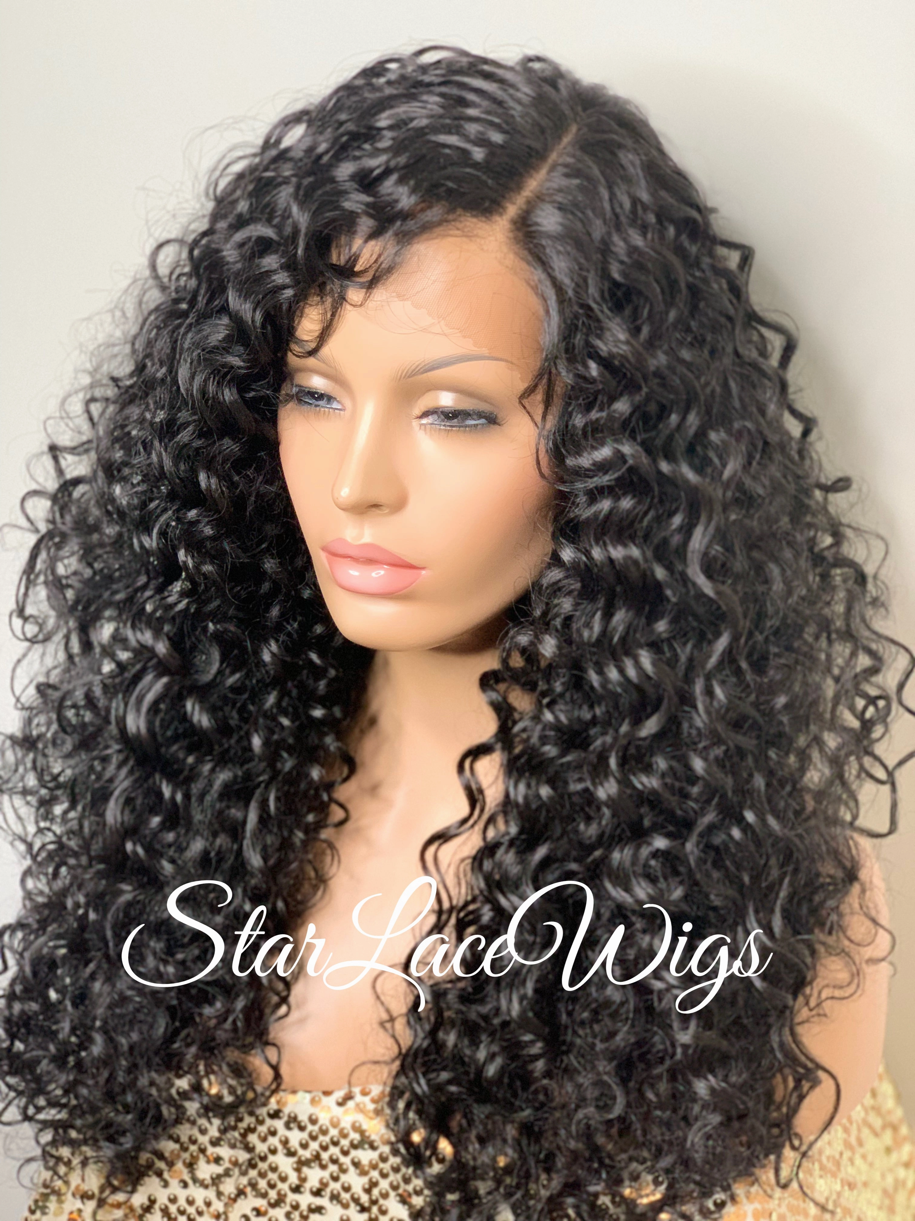 Curly Lace Front Wig Long Wavy Black Layers Middle Part - Kailey