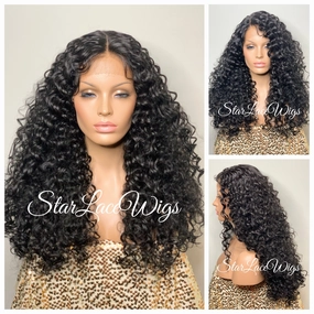 Curly Lace Front Wig Long Wavy Black Layers Middle Part - Kailey