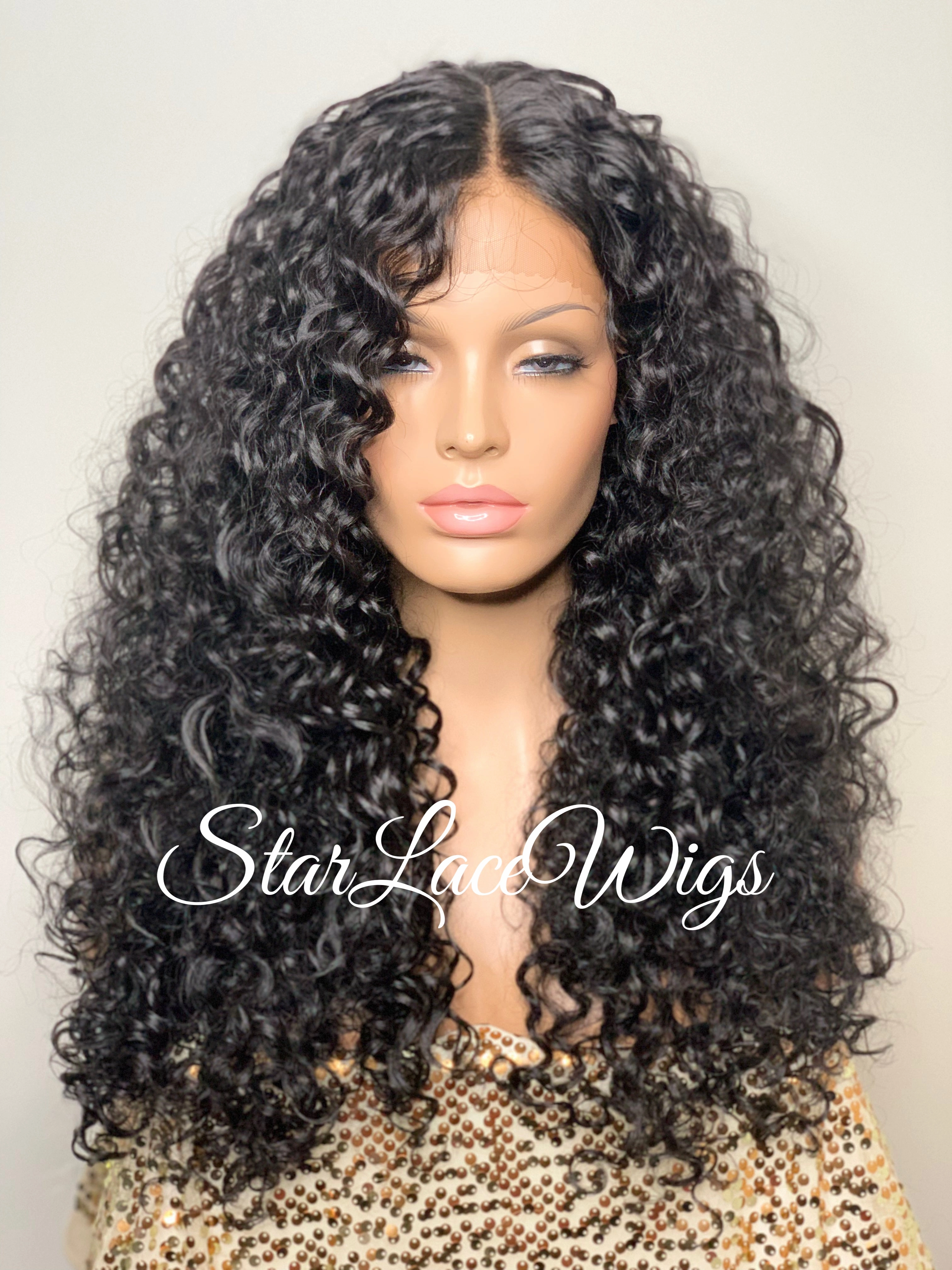 Curly Lace Front Wig Long Wavy Black Layers Middle Part - Kailey