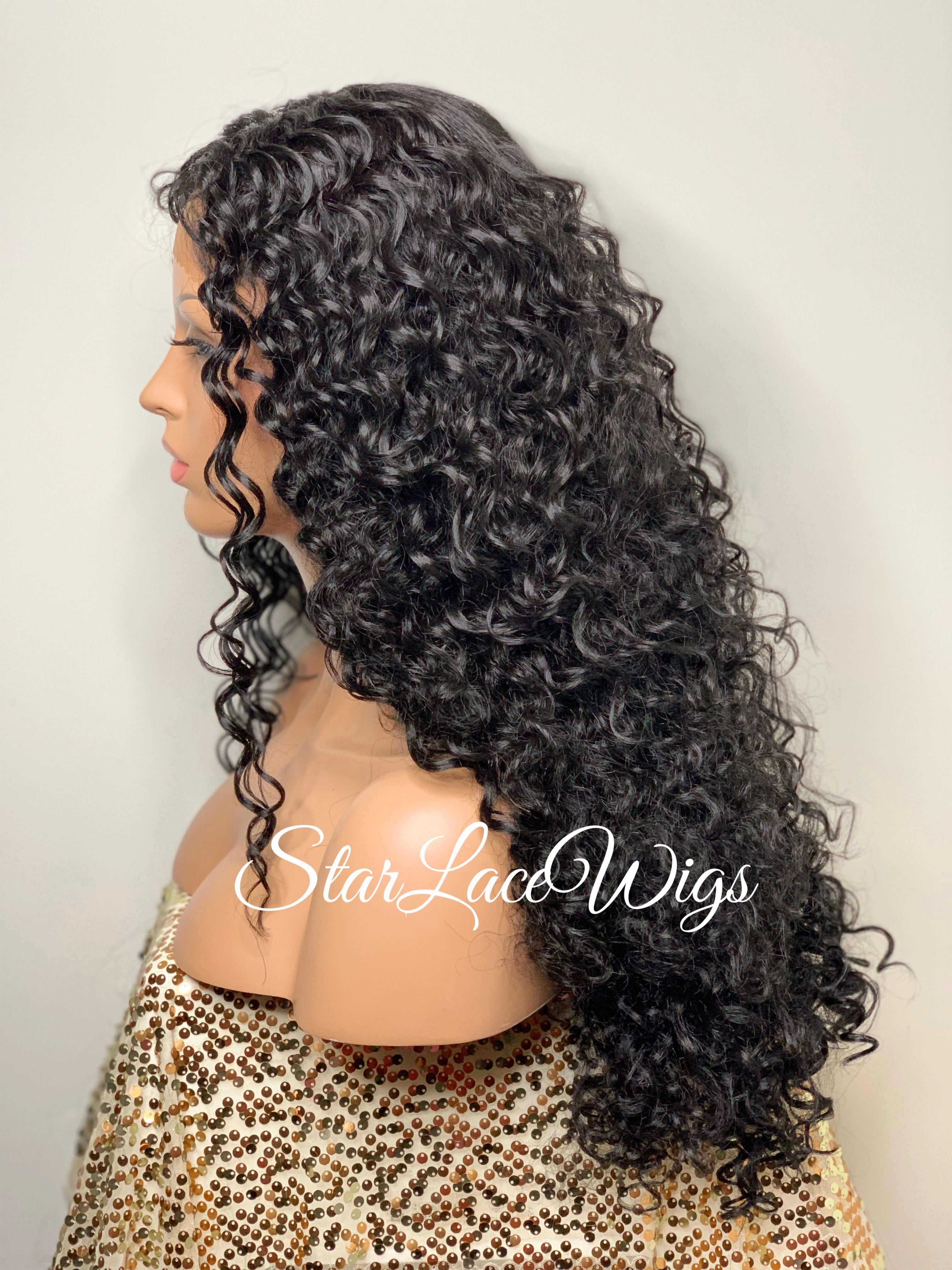 Curly Lace Front Wig Long Wavy Black Layers Middle Part - Kailey