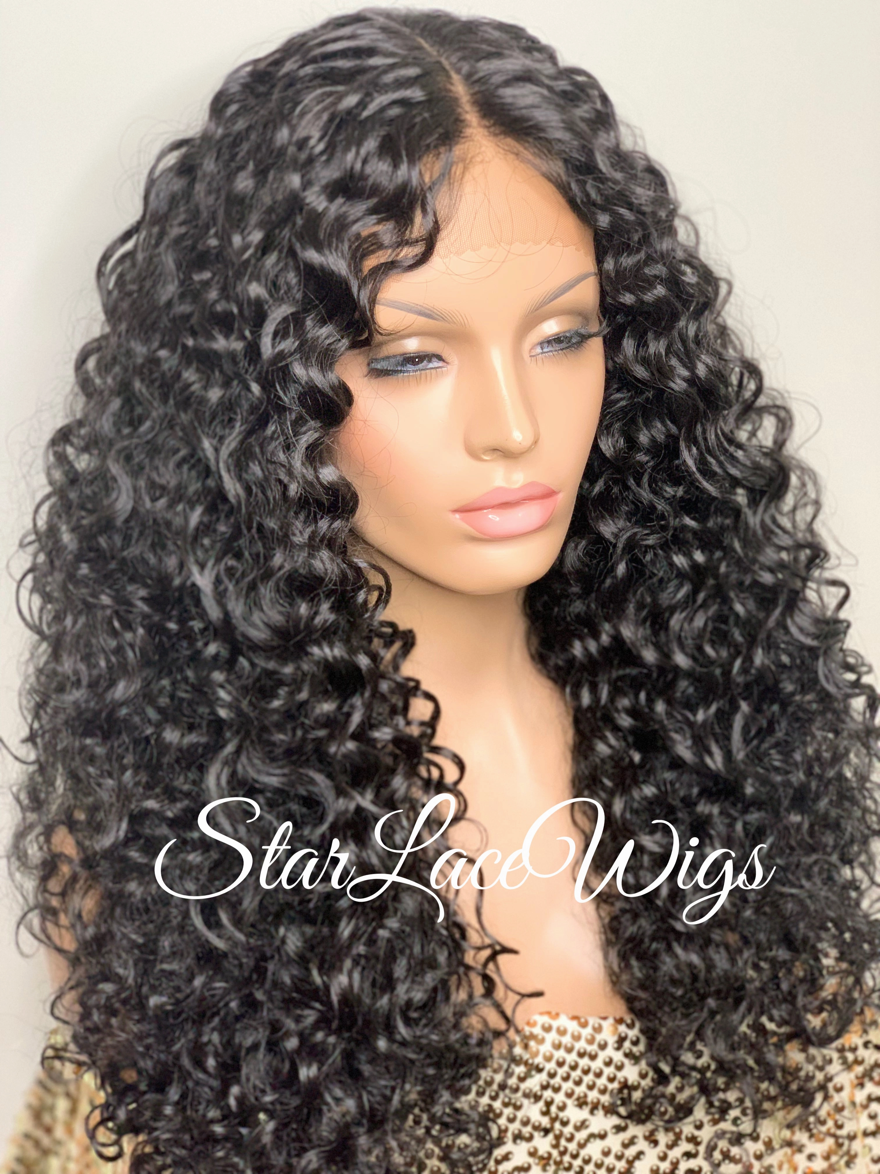 Curly Lace Front Wig Long Wavy Black Layers Middle Part - Kailey