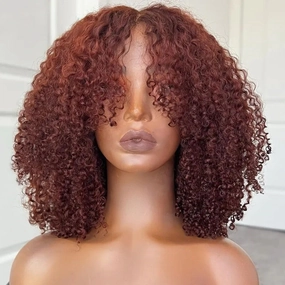 Curtain Bangs Glueless Wig Reddish Brown Human Hair Wig Copper Red Afro Kinky Curly Wig