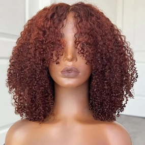Curtain Bangs Glueless Wig Reddish Brown Human Hair Wig Copper Red Afro Kinky Curly Wig