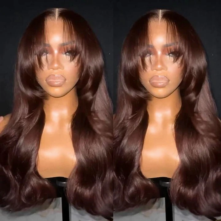 Curtain Bangs Glueless Wigs Body Wave Lace Front Wig Brown Colored Wig 180% Density