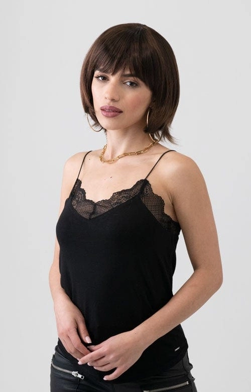 Dark brown pixie cut wig with reddish brown lowlights: Cierra
