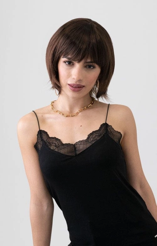 Dark brown pixie cut wig with reddish brown lowlights: Cierra