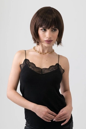 Dark brown pixie cut wig with reddish brown lowlights: Cierra