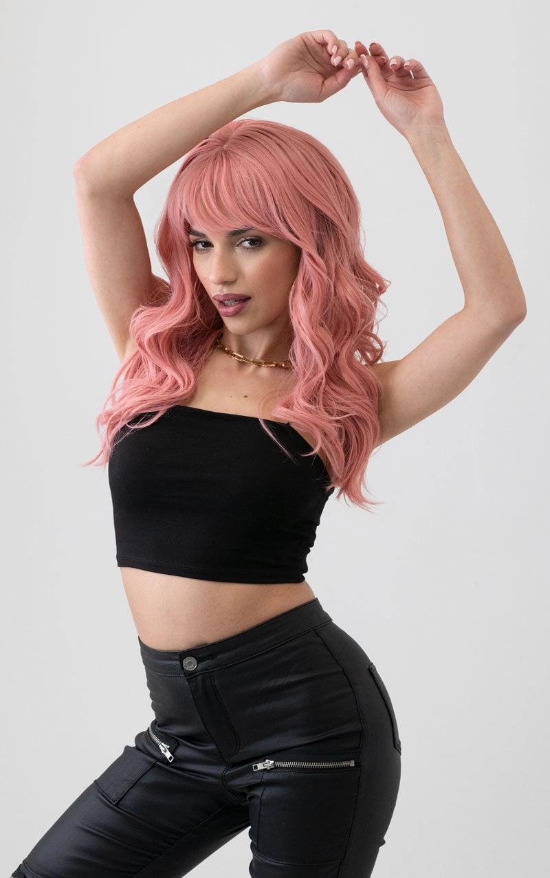 Dusty pastel pink wig with long cascading waves: Rosalie
