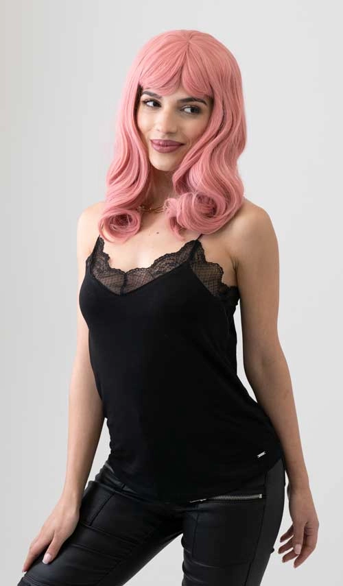 Dusty Pink 50s vintage style wig with short fringe: Paloma