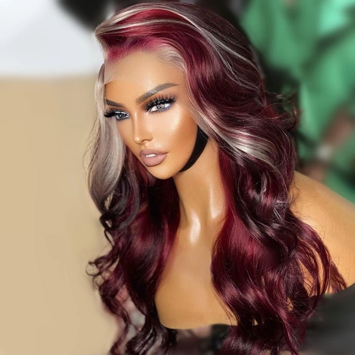 Geeta 13x4/4x4 Burgundy Hair HD Lace Wig With Blonde Highlights Skunk Stripe Body Wave Human Hair Lace Front Wigs