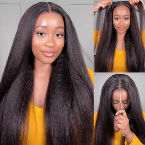 Geeta 13x4 Pre Everything Kinky Straight Lace Frontal Put On And Go Invisi Drawstring Human Hair Wig