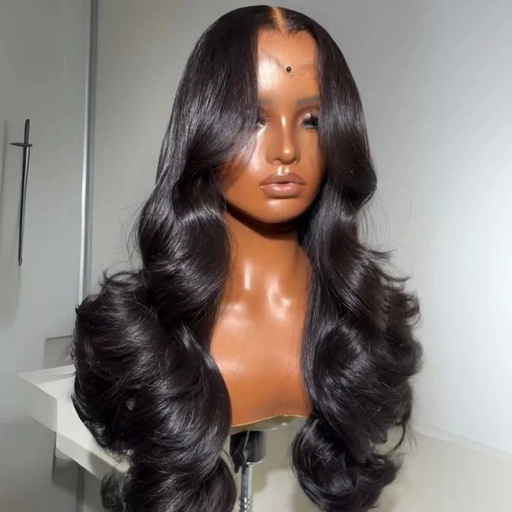 Geeta 300% Density Lazy Girl Glueless Wigs Body Wave Curtin Bangs 13x4 Lace Front Human Hair Wigs Pre Bleached Knots