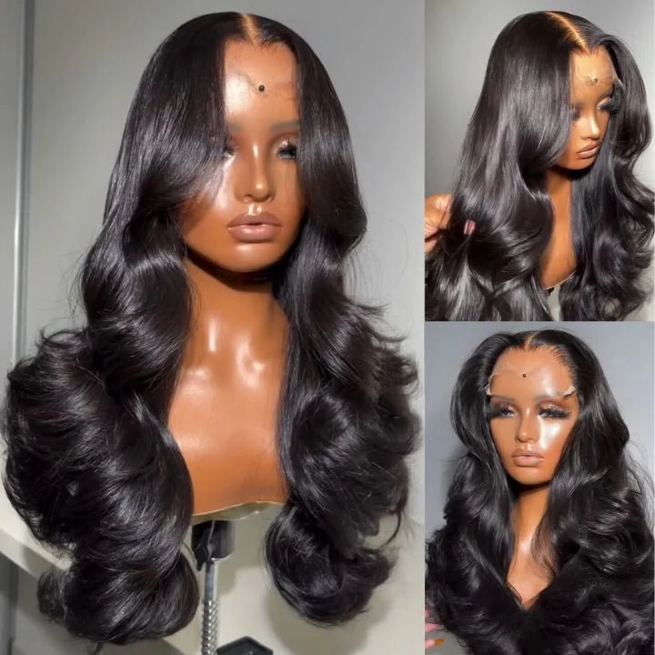 Geeta 300% Density Lazy Girl Glueless Wigs Body Wave Curtin Bangs 13x4 Lace Front Human Hair Wigs Pre Bleached Knots