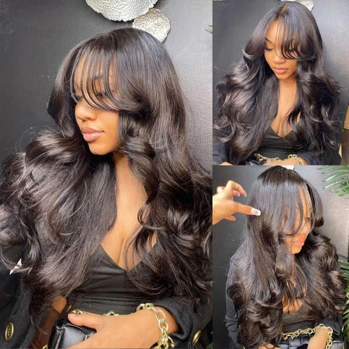Geeta 300% Density Lazy Girl Glueless Wigs Body Wave Curtin Bangs 13x4 Lace Front Human Hair Wigs Pre Bleached Knots
