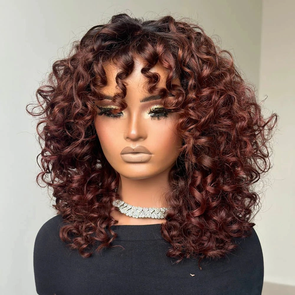 Geeta 300% Density Lazy Girl Glueless Wigs Ginger Brown Bouncy Wave 13x4 Lace Front Human Hair Wigs Brown Black Hair Root Curly Wig With Bangs
