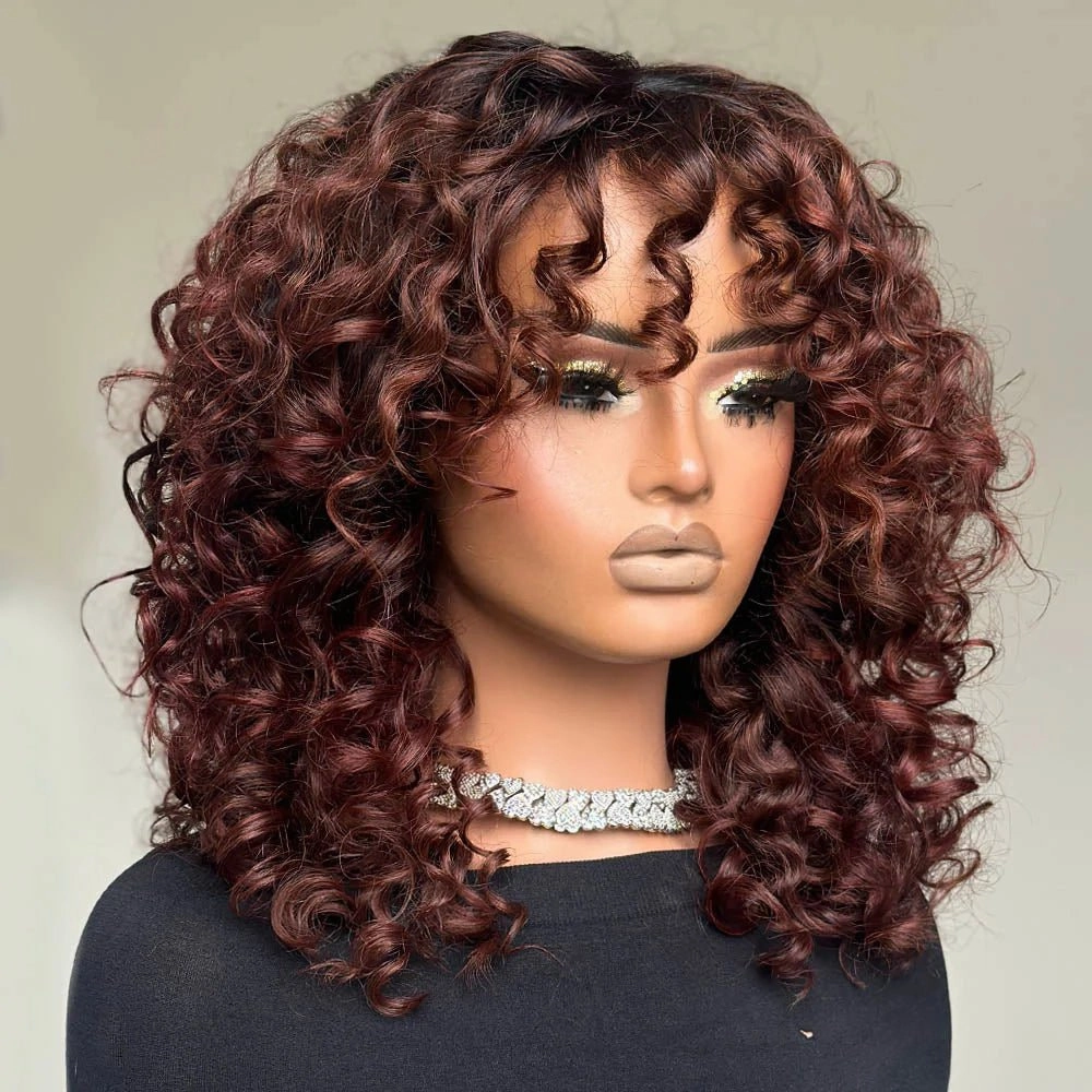 Geeta 300% Density Lazy Girl Glueless Wigs Ginger Brown Bouncy Wave 13x4 Lace Front Human Hair Wigs Brown Black Hair Root Curly Wig With Bangs