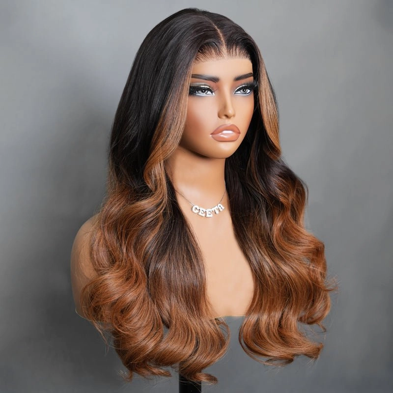 Geeta 7x5 Glueless Lace Body Wave Wig Chestnut Brown Ombre Highlight Color Invisi Drawstring Put on and Go Wig