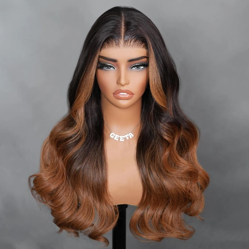 Geeta 7x5 Glueless Lace Body Wave Wig Chestnut Brown Ombre Highlight Color Invisi Drawstring Put on and Go Wig