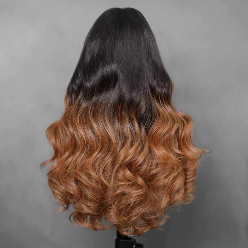 Geeta 7x5 Glueless Lace Body Wave Wig Chestnut Brown Ombre Highlight Color Invisi Drawstring Put on and Go Wig