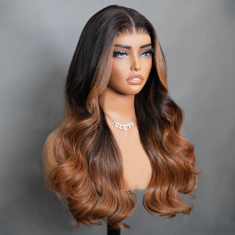 Geeta 7x5 Glueless Lace Body Wave Wig Chestnut Brown Ombre Highlight Color Invisi Drawstring Put on and Go Wig