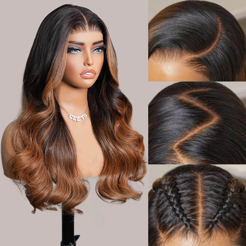 Geeta 7x5 Glueless Lace Body Wave Wig Chestnut Brown Ombre Highlight Color Invisi Drawstring Put on and Go Wig