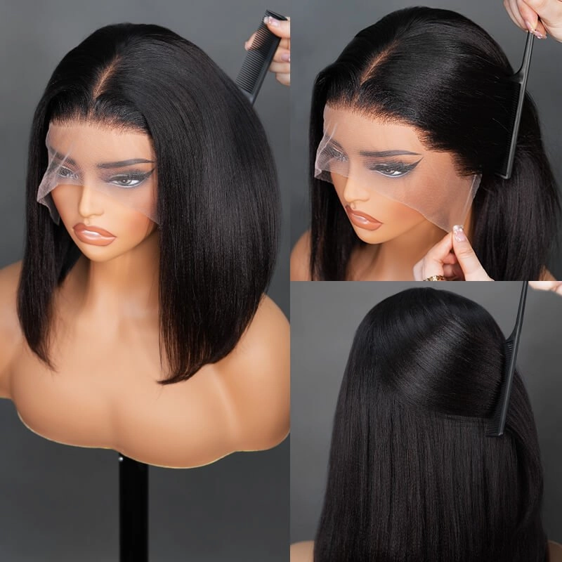 Geeta 7x5 Lace Yaki Straight Glueless Put On And Go Short Bob Wig 13x4 Lace Frontal Invisi Drawstring Flash Sale