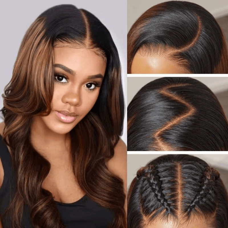Geeta Balayage Brown Highlight 3D Body Wave 13x4 Lace Front Invisi Drawstring Put On and Go Glueless Lace Wig