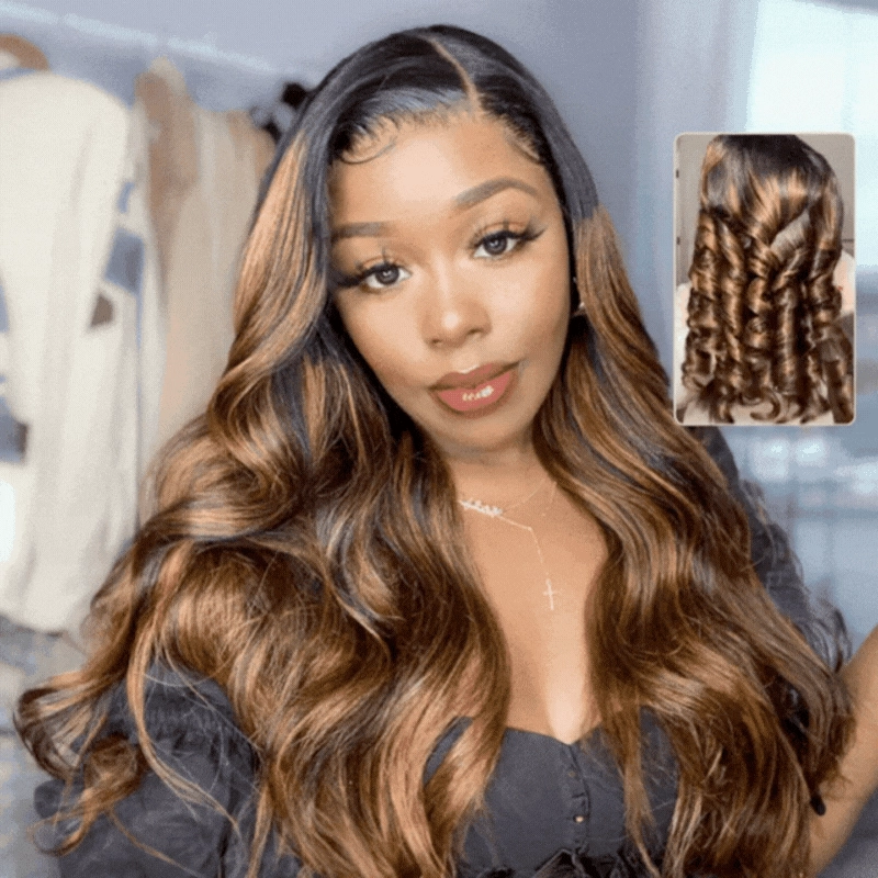 Geeta Balayage Brown Highlight 3D Body Wave 13x4 Lace Front Invisi Drawstring Put On and Go Glueless Lace Wig