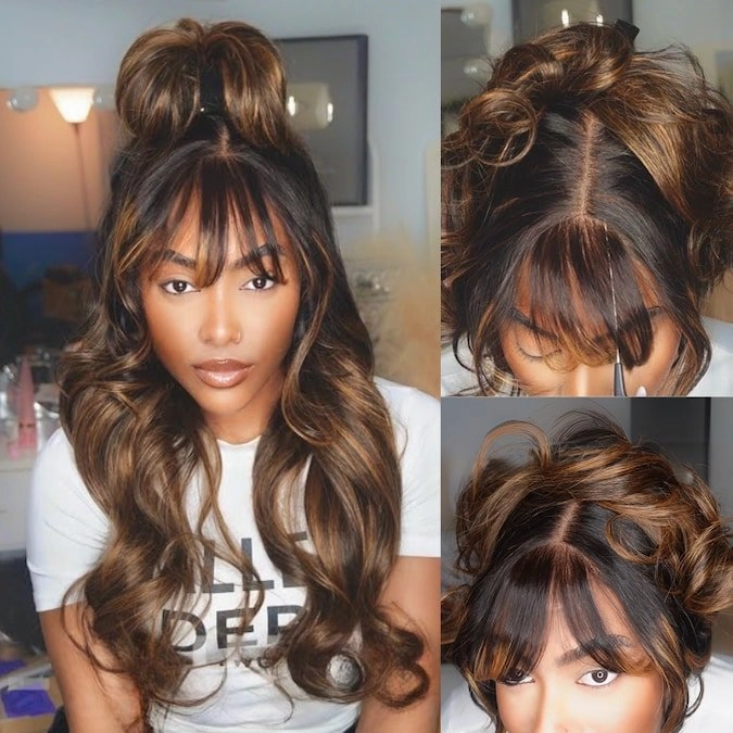 Geeta Balayage Brown Highlight 3D Body Wave 13x4 Lace Front Invisi Drawstring Put On and Go Glueless Lace Wig