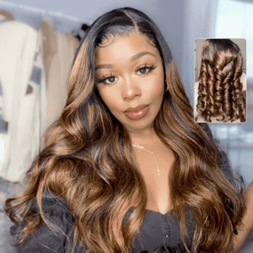 Geeta Balayage Brown Highlight 3D Body Wave 13x4 Lace Front Invisi Drawstring Put On and Go Glueless Lace Wig