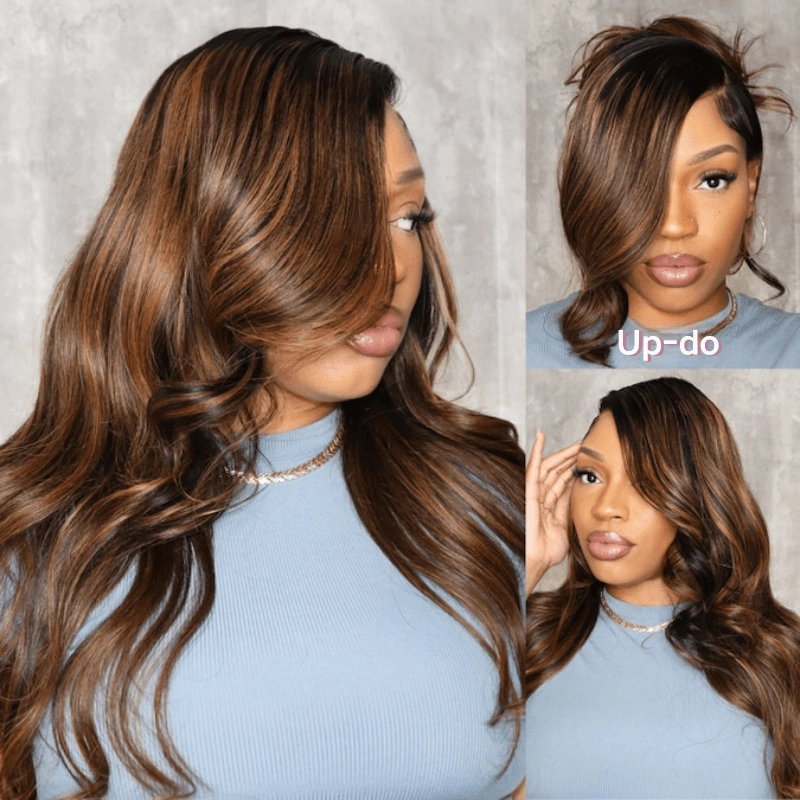 Geeta Balayage Brown Highlight 3D Body Wave 13x4 Lace Front Invisi Drawstring Put On and Go Glueless Lace Wig