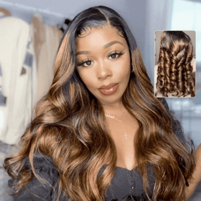 Geeta Balayage Brown Highlight 3D Body Wave 13x4 Lace Front Invisi Drawstring Put On and Go Glueless Lace Wig